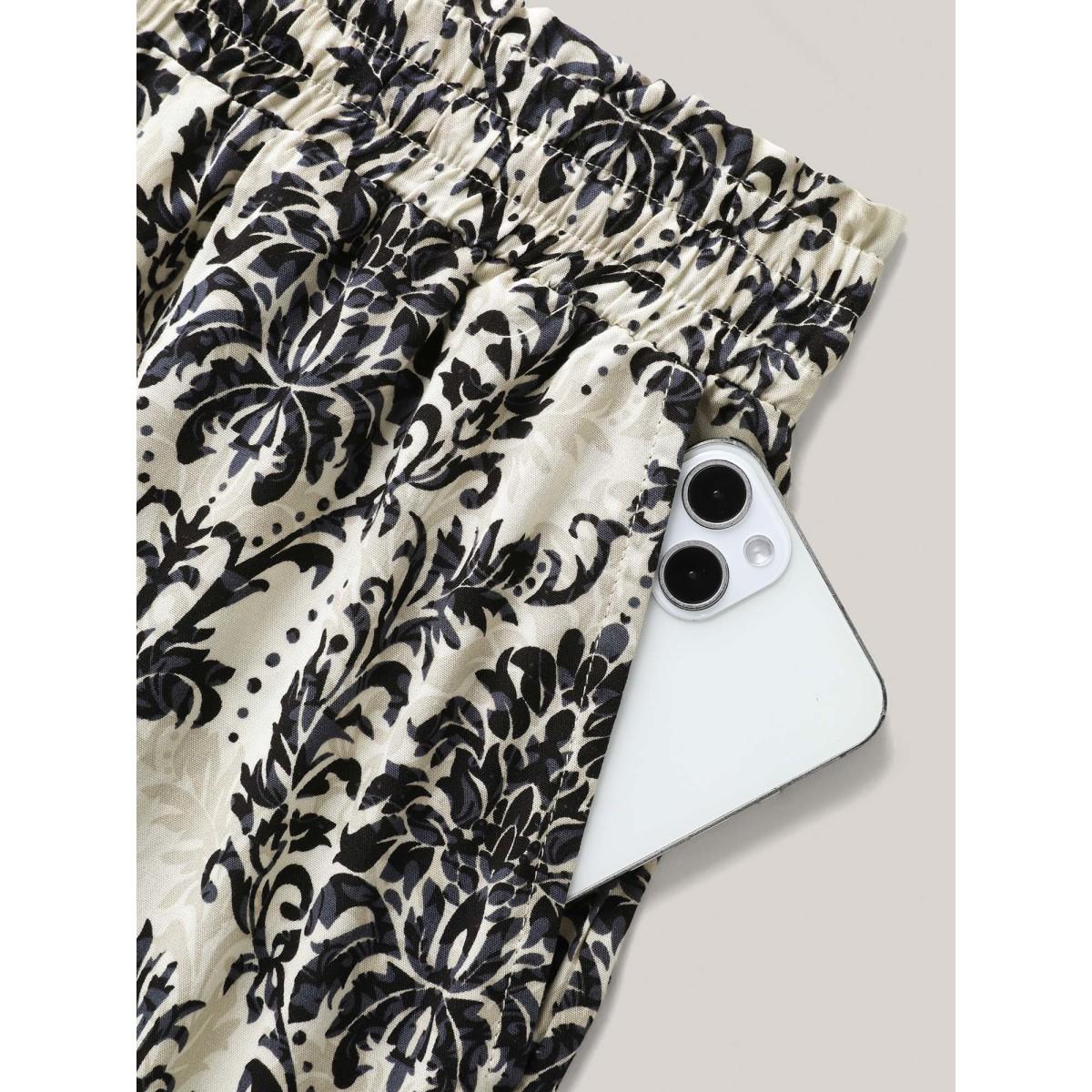 Plus Size Damask Print Shirred Tie Jogger Pants Women Midnight Resort Bodycon Mid Rise Vacation Pants BloomChic 26/4X Product Image