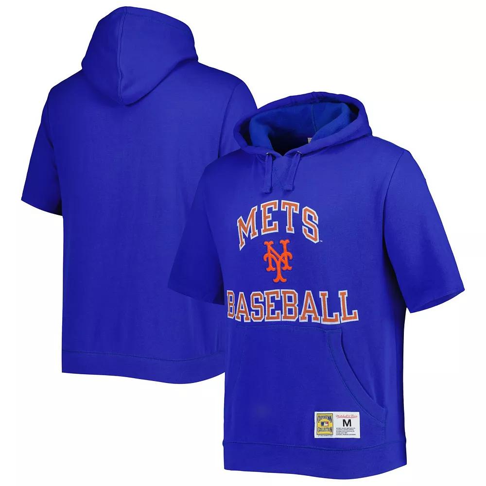 Men's Mitchell & Ness Royal New York Mets Cooperstown Collection Washed Fleece Pullover Short Sleeve Hoodie, Size: Large, Blue Product Image