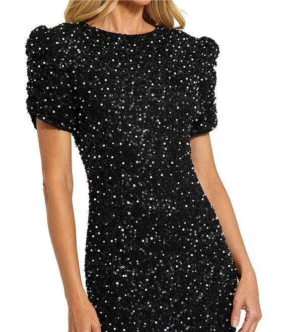 Mac Duggal Beaded Crew Neck Ruched Short Sleeve Gown Product Image