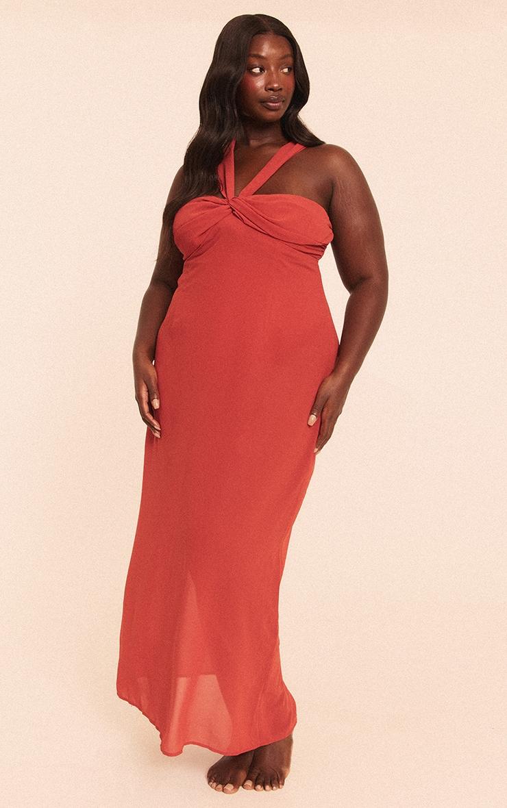 Plus Rust Ruched Chiffon Maxi Beach Dress Product Image