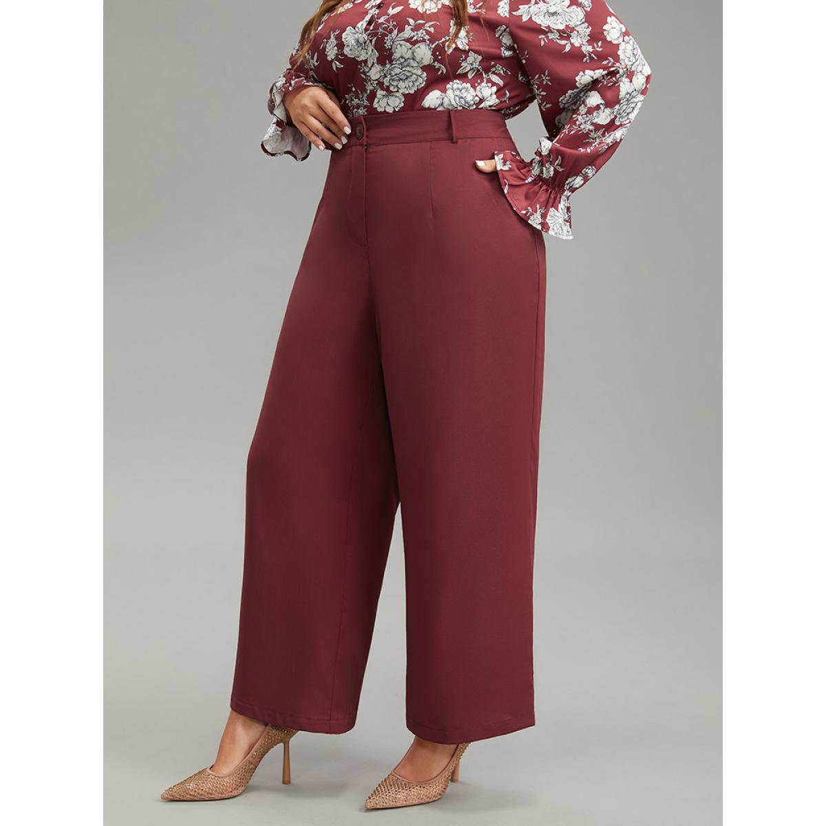 Plus Size Solid Pocket Button Up Elastic Waist Pants Women Scarlet Elegant Straight Leg High Rise Dailywear Pants BloomChic 30/6X Product Image
