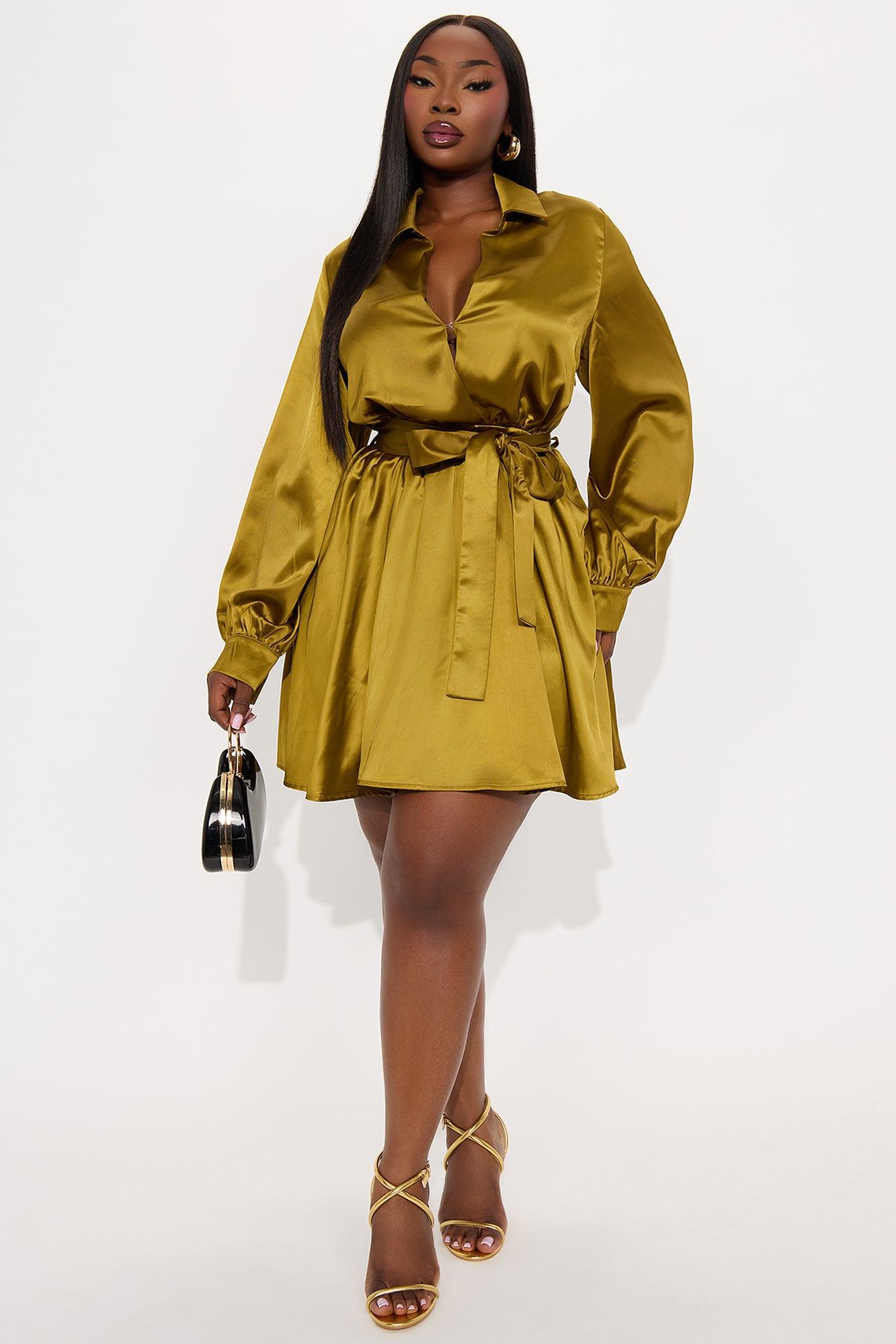 Mariana Satin Long Sleeve Mini Dress - Olive Female Product Image