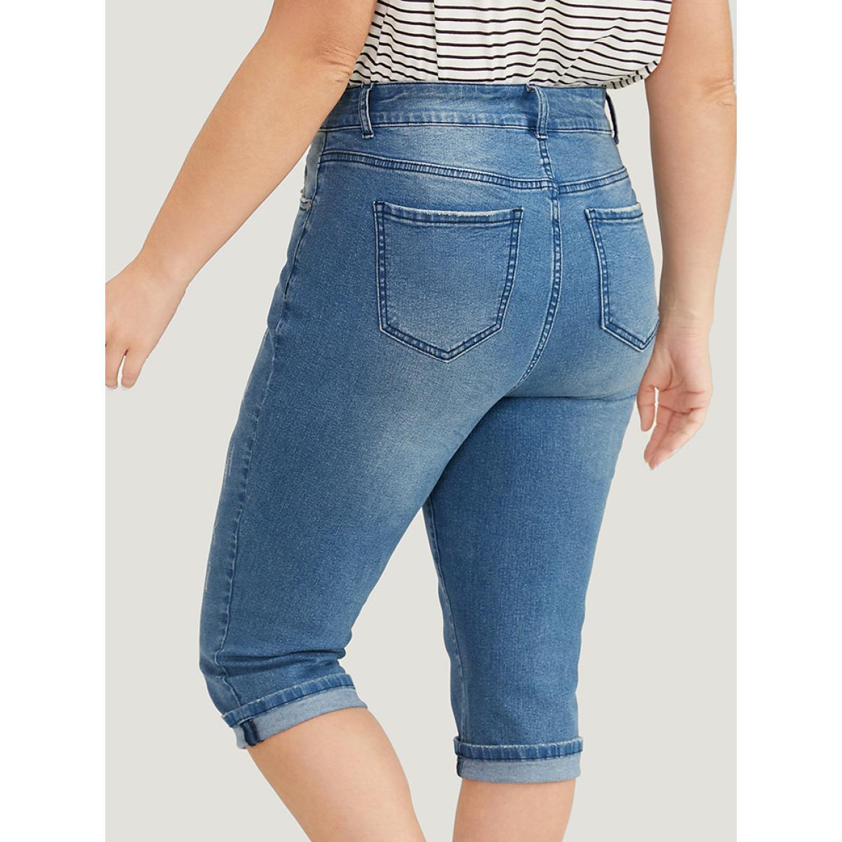 Plus Size Very Stretchy Medium Wash Roll Hem Knee Denim Shorts Women Blue High stretch Dailywear Pocket Casual Denim Shorts BloomChic 20/2X Product Image