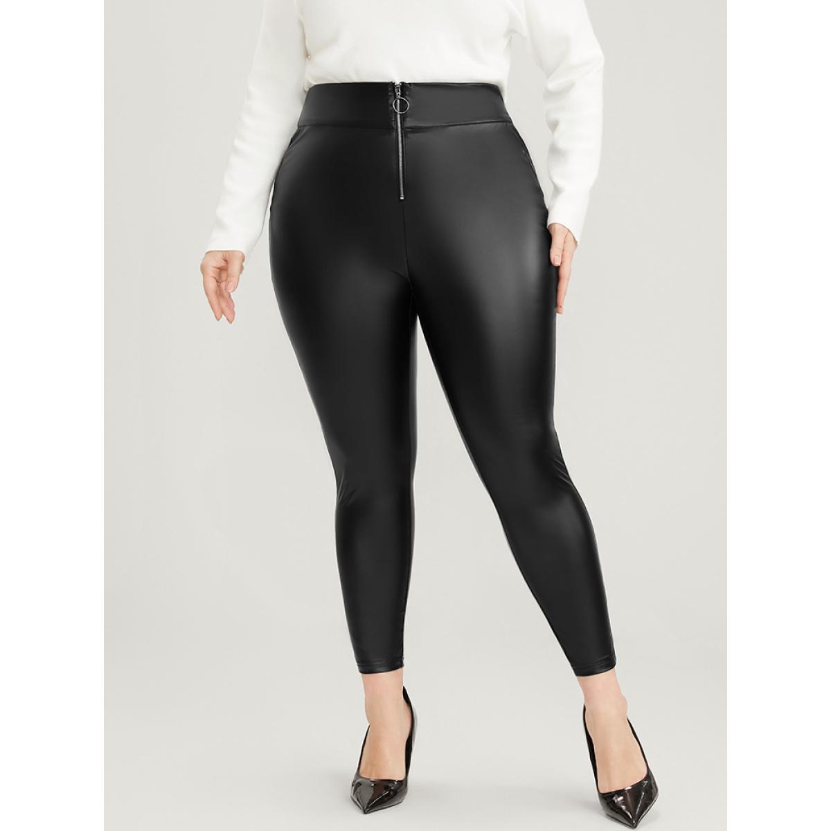 Plus Size PU Leather Wideband Waist Zipper Skinny Leggings Women Black Party Low stretch Skinny Mid Rise Going out Leggings BloomChic 18-20/2X Product Image