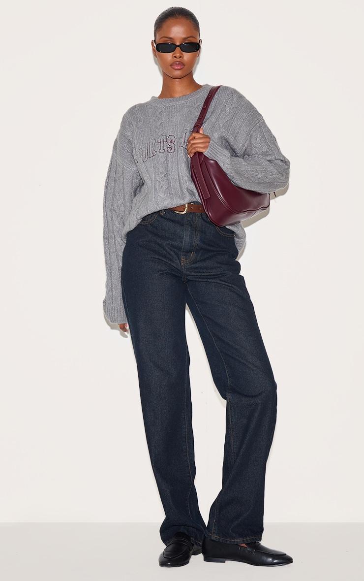 Grey Soft Cable Knit Embroidered Sweater Product Image