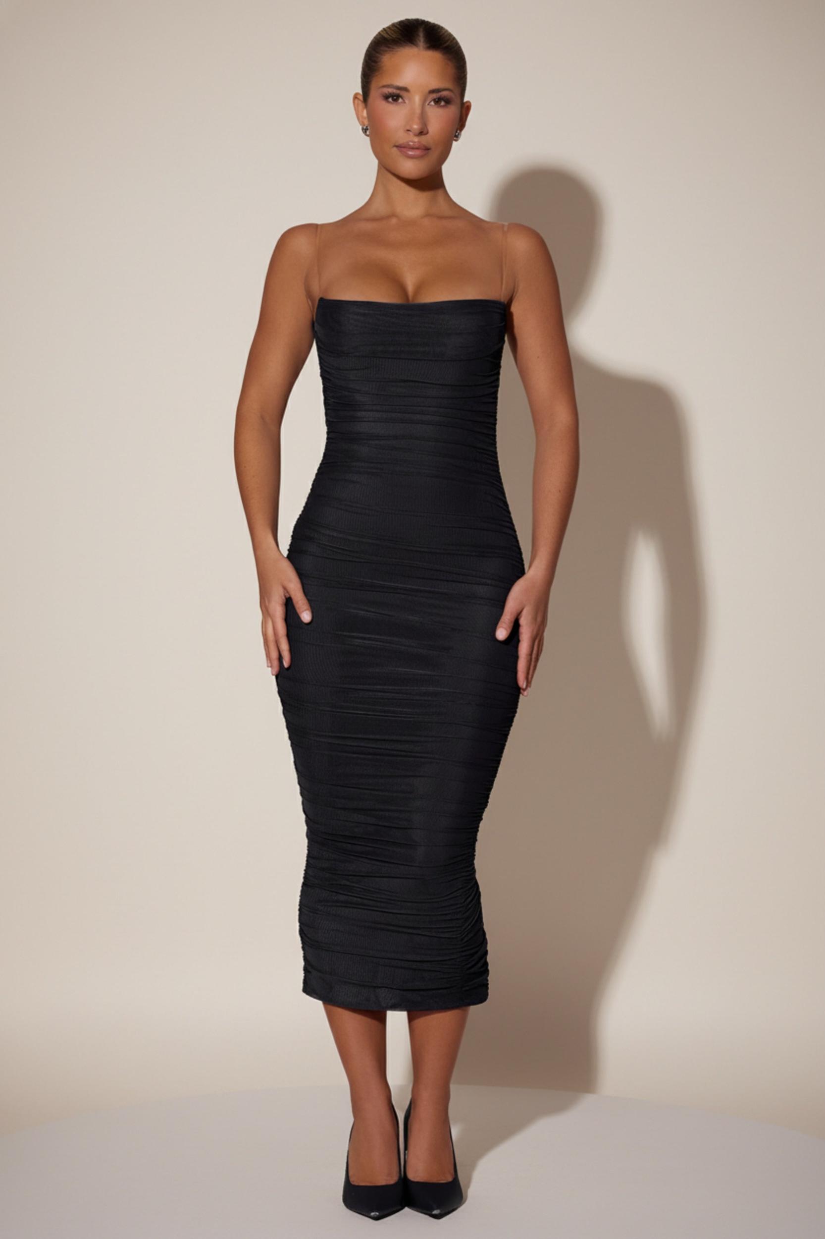 Ruched Backless Bodycon Midaxi Dress in Black Product Image
