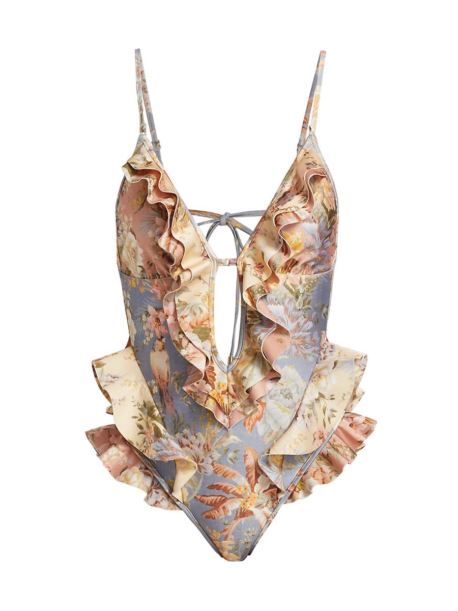 Womens Tallow Floral Ruffle One-Piece Swimsuit Product Image
