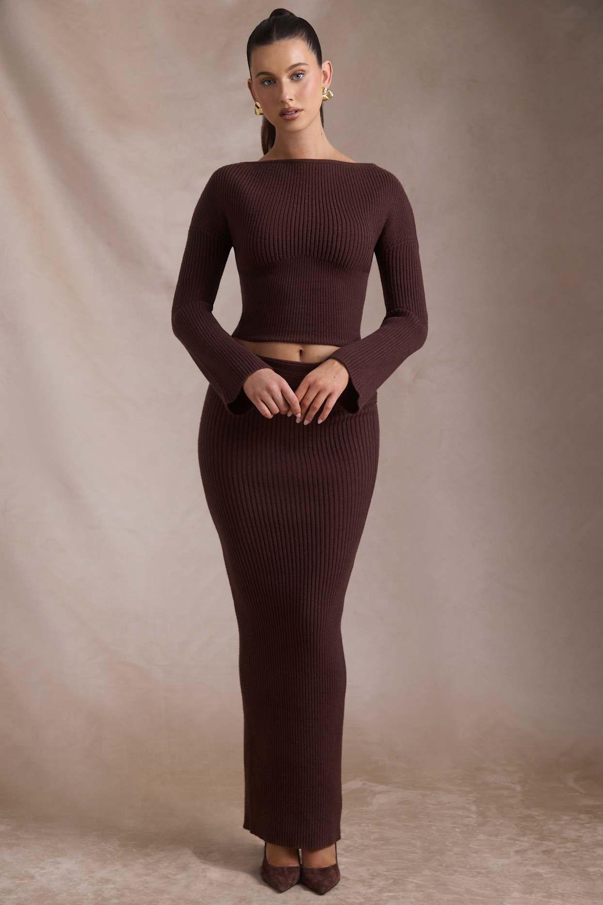 Ribbed-Knit Foldover Maxi Skirt in Espresso Female Product Image