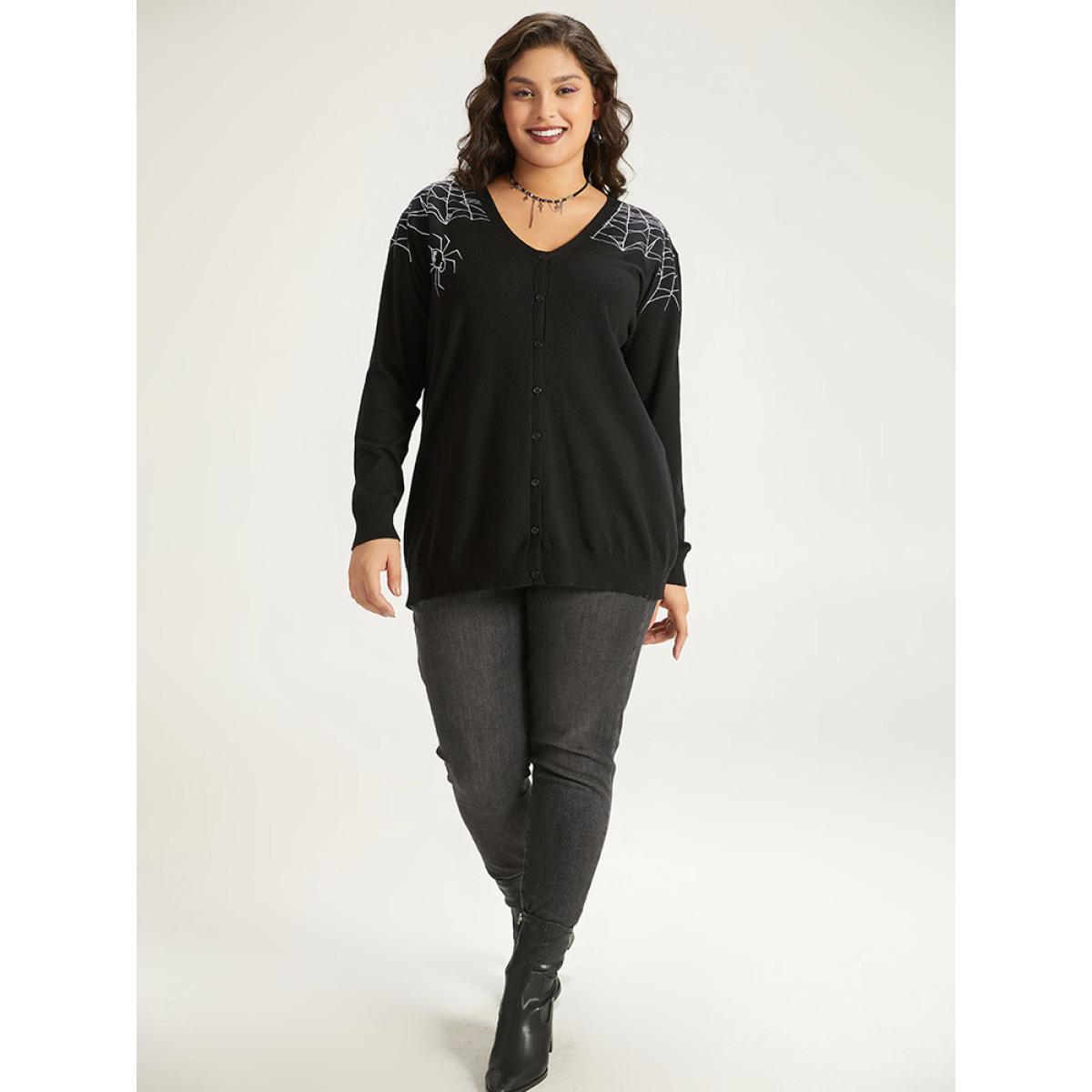 Plus Size Supersoft Essentials Halloween Spider Web Button Through Cardigan Black Women Leisure Loose Long Sleeve Casual Cardigans BloomChic 28/5X Product Image