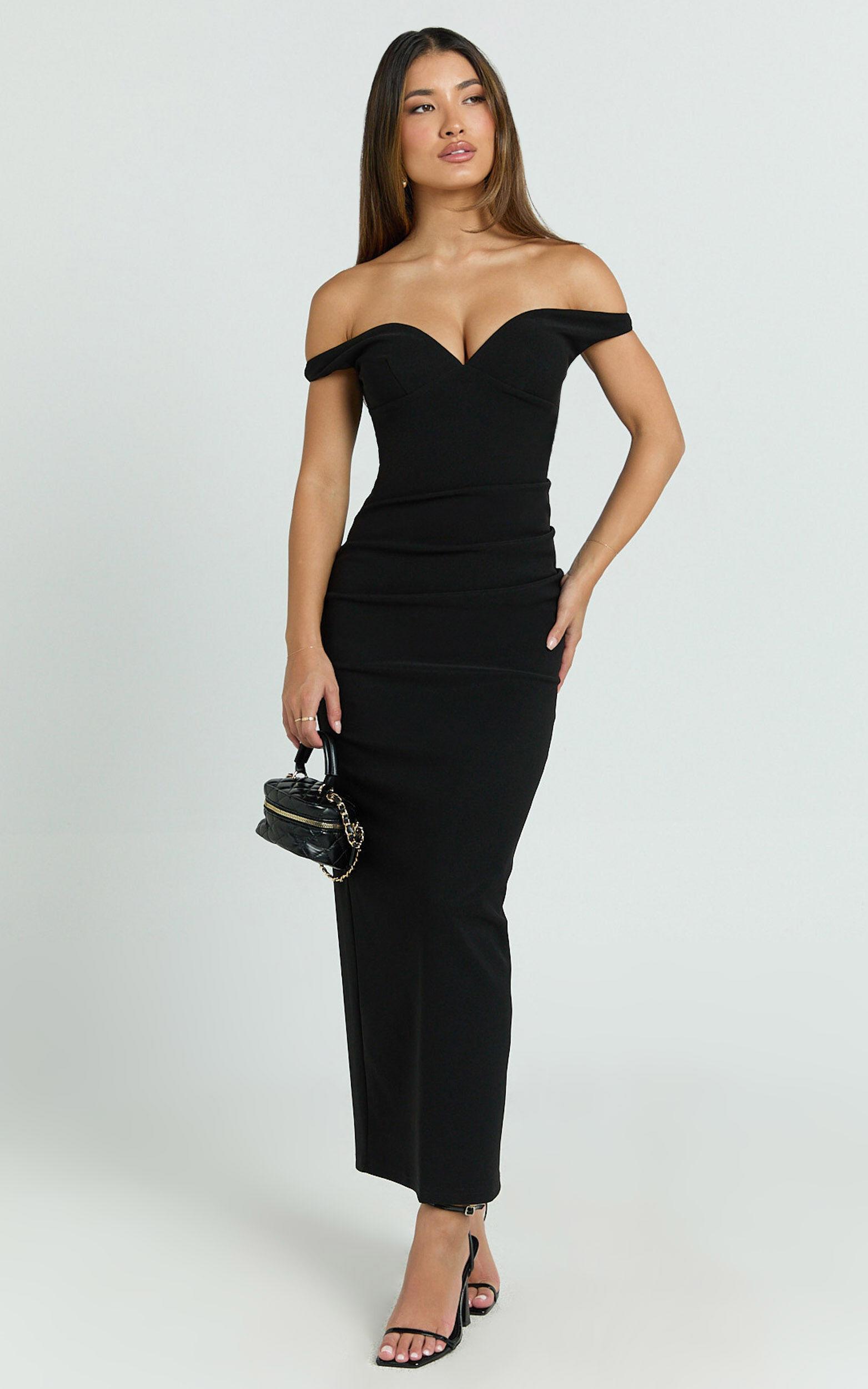 Vinnie Midi Dress - Off Shoulder Bustier Side Tuck Fitted Dress in Black Product Image