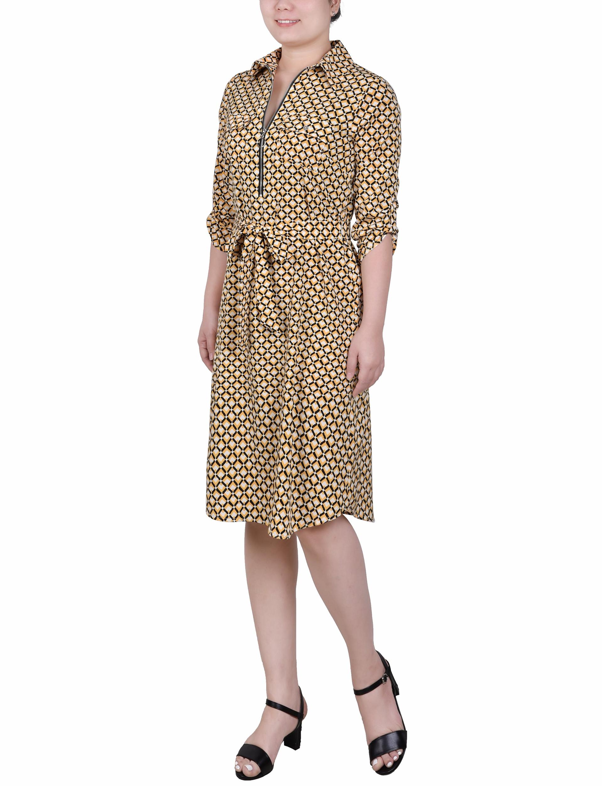 Yellow White Black Diamond 3/4 Roll Tab Sleeve Zippered Shirtdress Product Image