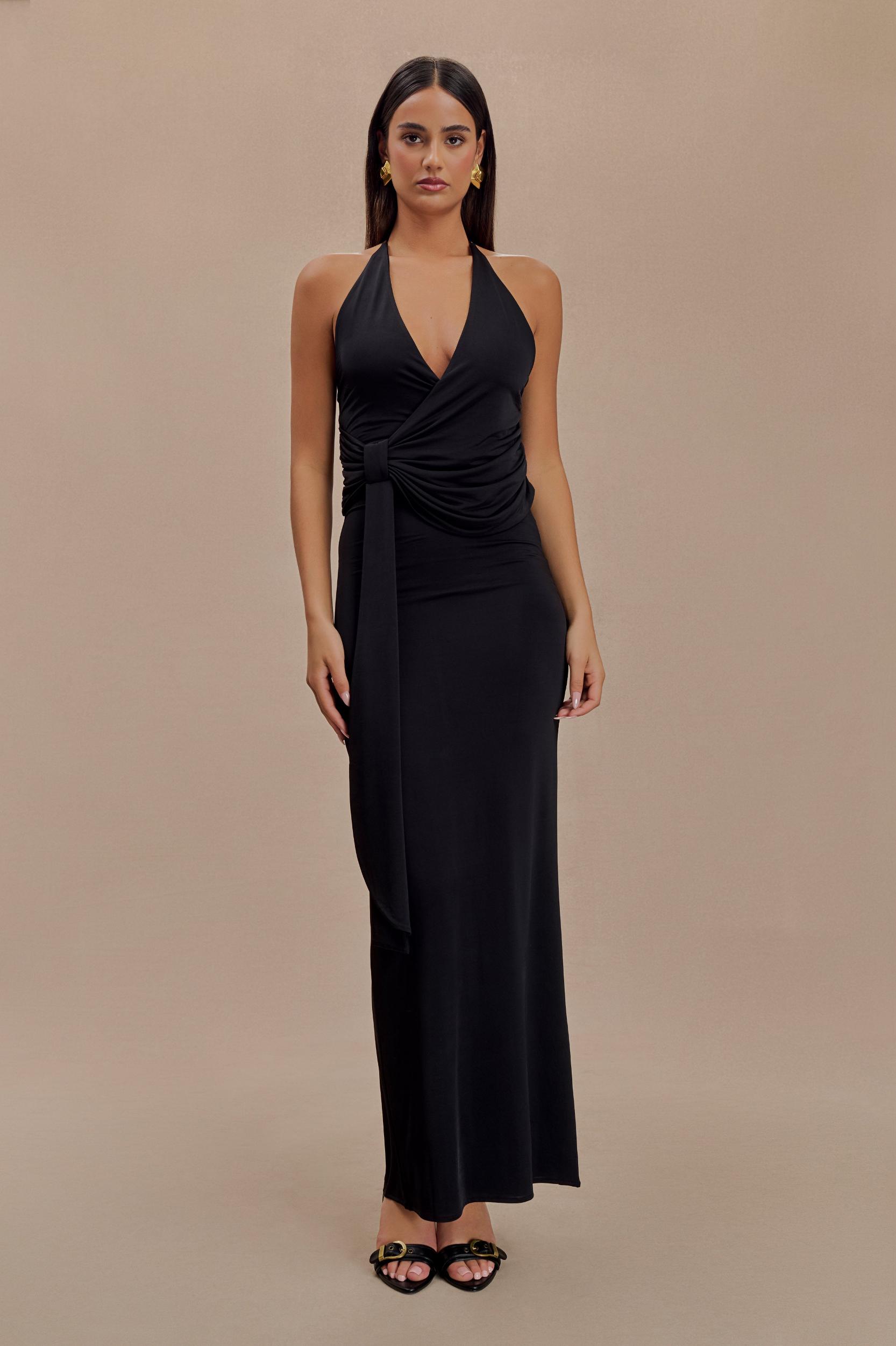 Tyla Draped Slinky Halter Maxi Dress - Black Product Image
