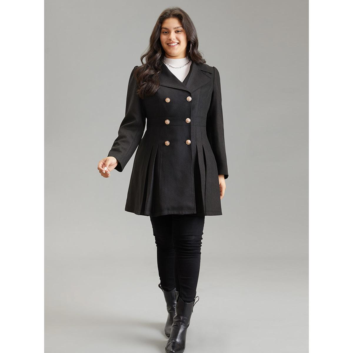 Plus Size Double Breasted Lapel Collar Plicated Detail Coat Women Black Elegant Lined Ladies Dailywear Winter Coats BloomChic 28/5X Product Image