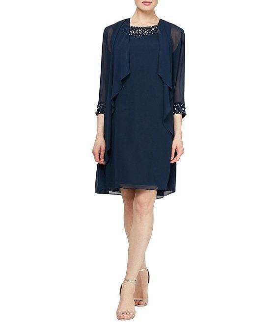 Ignite Evenings Chiffon Beaded Crew Neck 3/4 Sleeve 2-Piece Jacket Dress Product Image