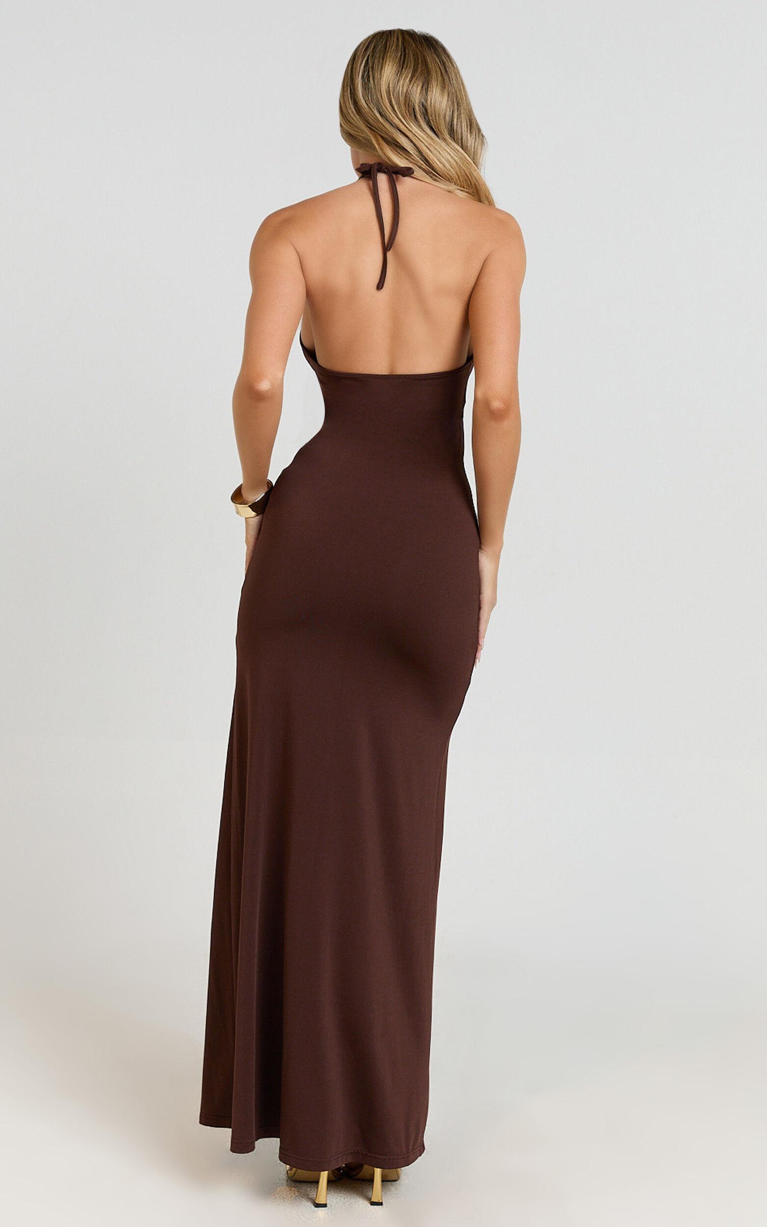 Izira Maxi Dress - Jersey Plunge Keyhole Bodycon Dress in Chocolate Product Image