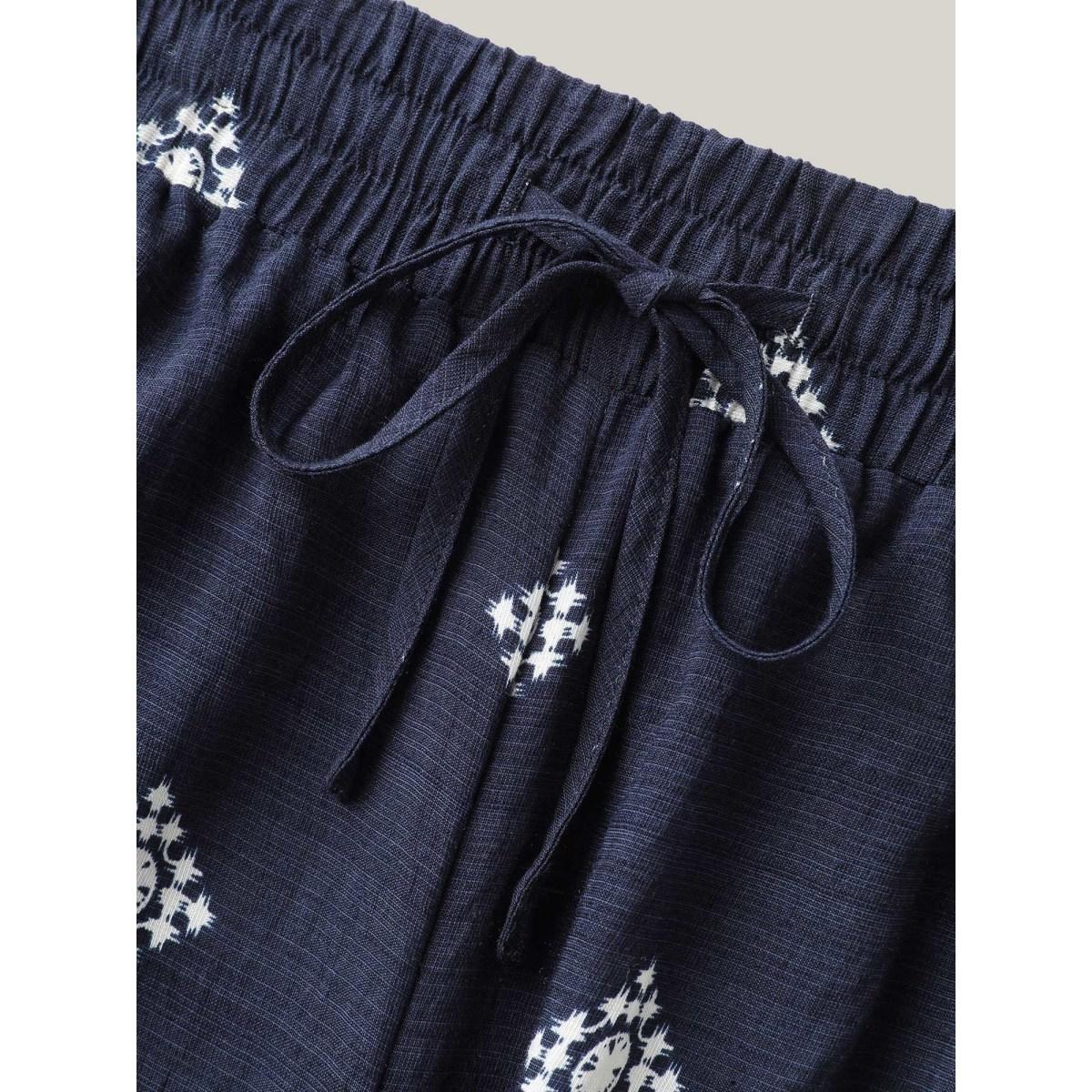Plus Size Geometric Print Tied Wide-Leg Pants Women Indigo Boho Wide Leg Mid Rise Vacation Pants BloomChic 18-20/2X Product Image