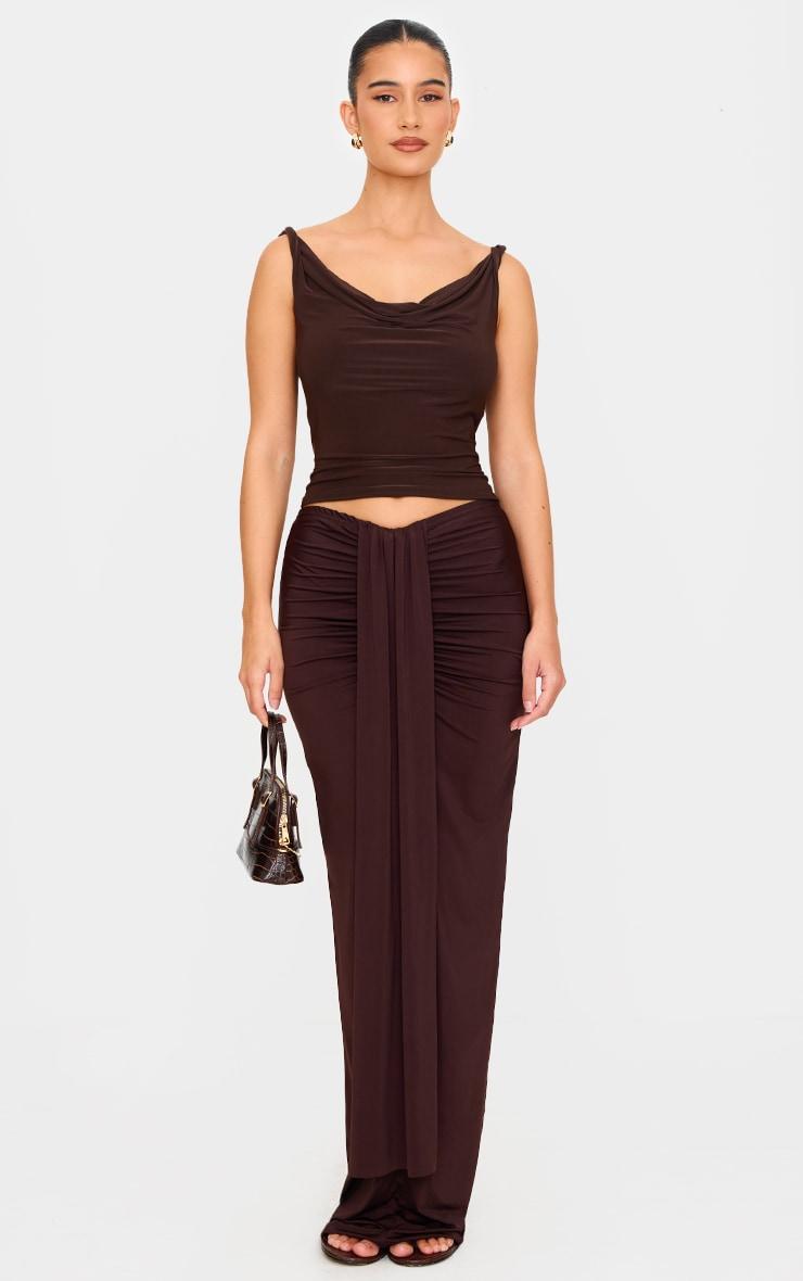 Chocolate Slinky Drape Front Ruched Maxi Skirt Product Image