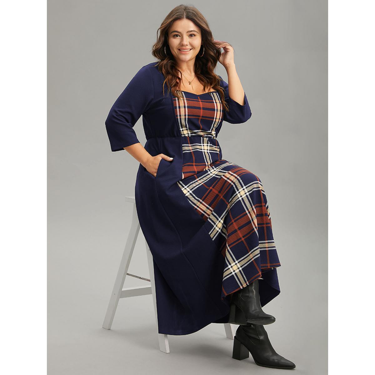 Plus Size Plaid Patchwork Contrast Square Neck Dress DarkBlue Women Casual Printed Square Neck Elbow-length sleeve Curvy Midi Dress BloomChic 28/5X Product Image