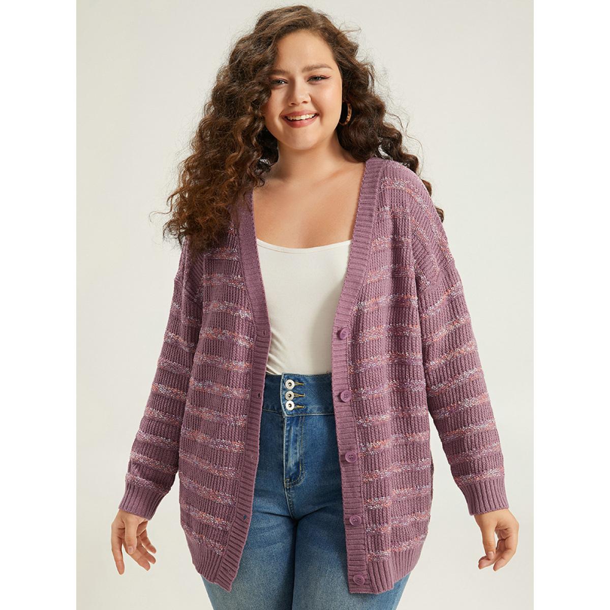 Plus Size Contrast Drop Shoulder Button Through Cardigan Mauve Women Casual Loose Long Sleeve Dailywear Cardigans BloomChic 30/6X Product Image