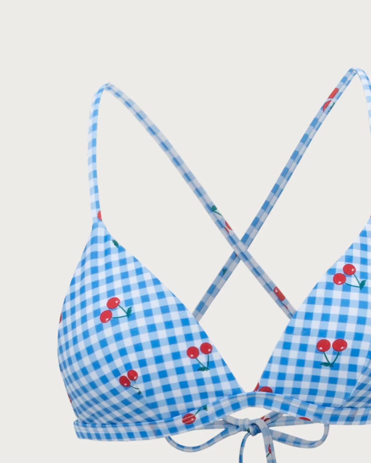 Blue Plaid Cherry Halter Bikini Set Product Image