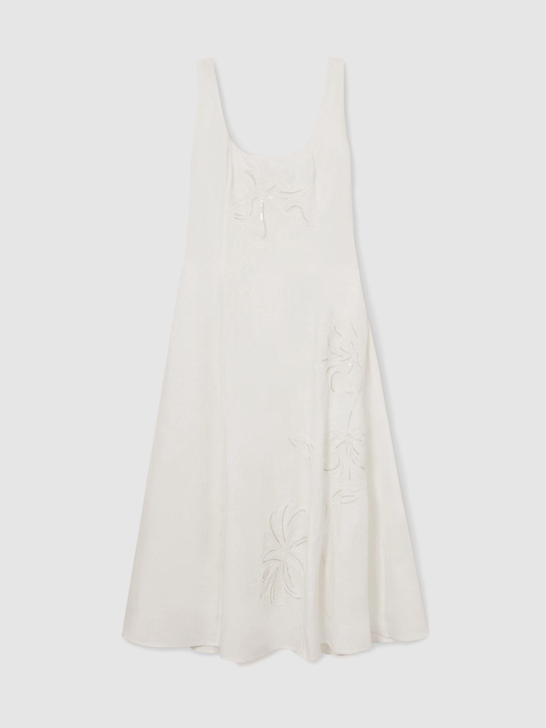 Linen Floral-Embroidered Midi Dress in Ivory Product Image