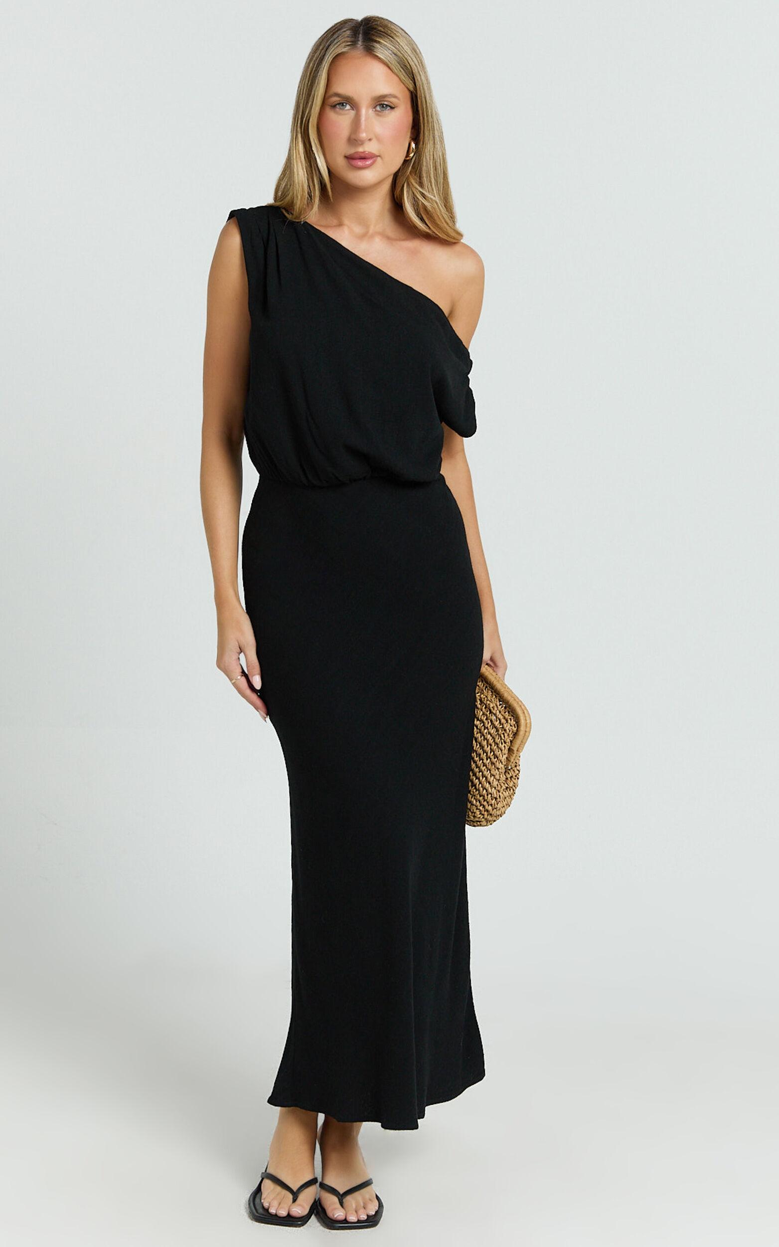 Jacqueline Midi Dress - Linen One Shoulder Dress in Black Product Image