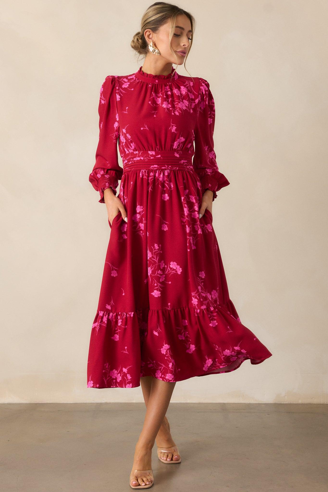 Flower Shop Stop Cherry Pink Floral Long Sleeve Midi Dress Product Image