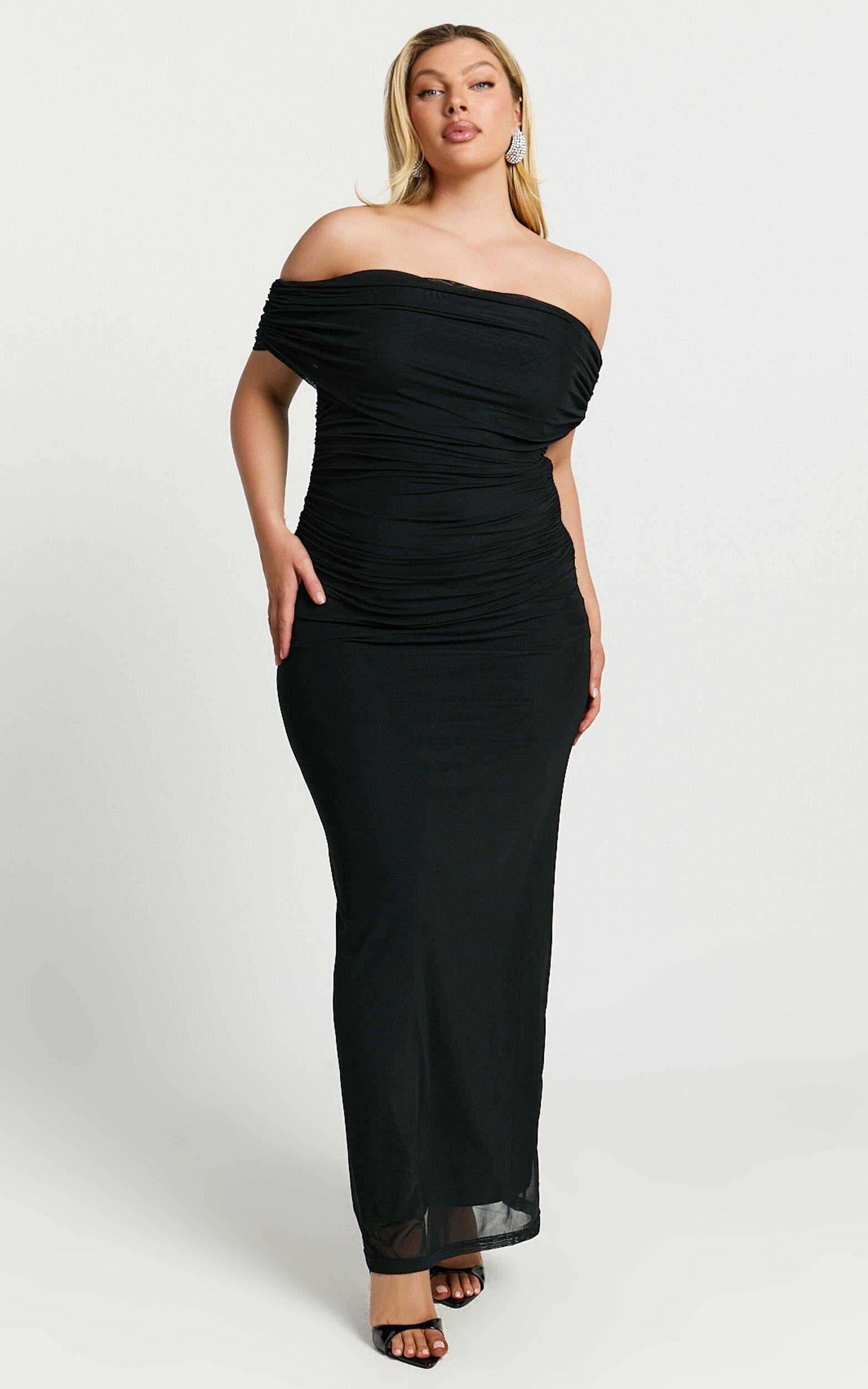 Caterina Maxi - Ruched Off Shoulder Mesh Dress in Black Product Image