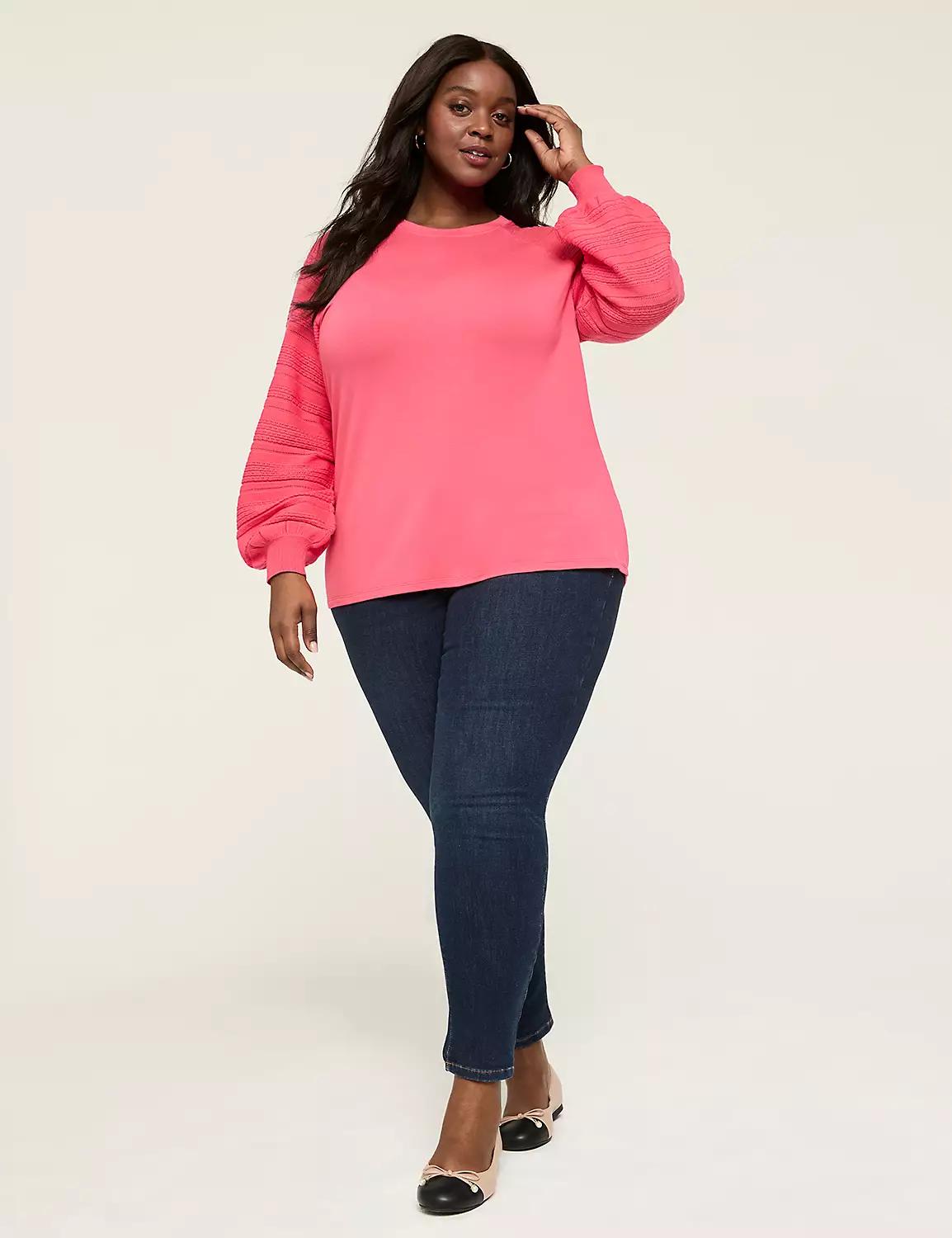 Pointelle-Sleeve Crew-Neck Top Product Image