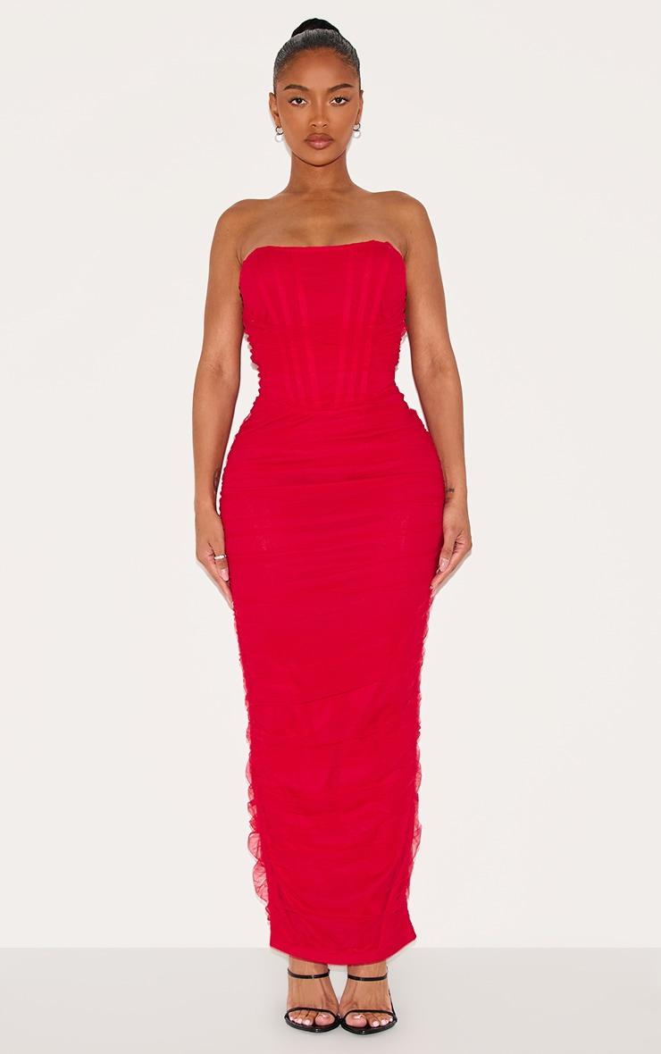 Shape Red Corset Detail Long Sleeve Ruched Midi Dress Product Image