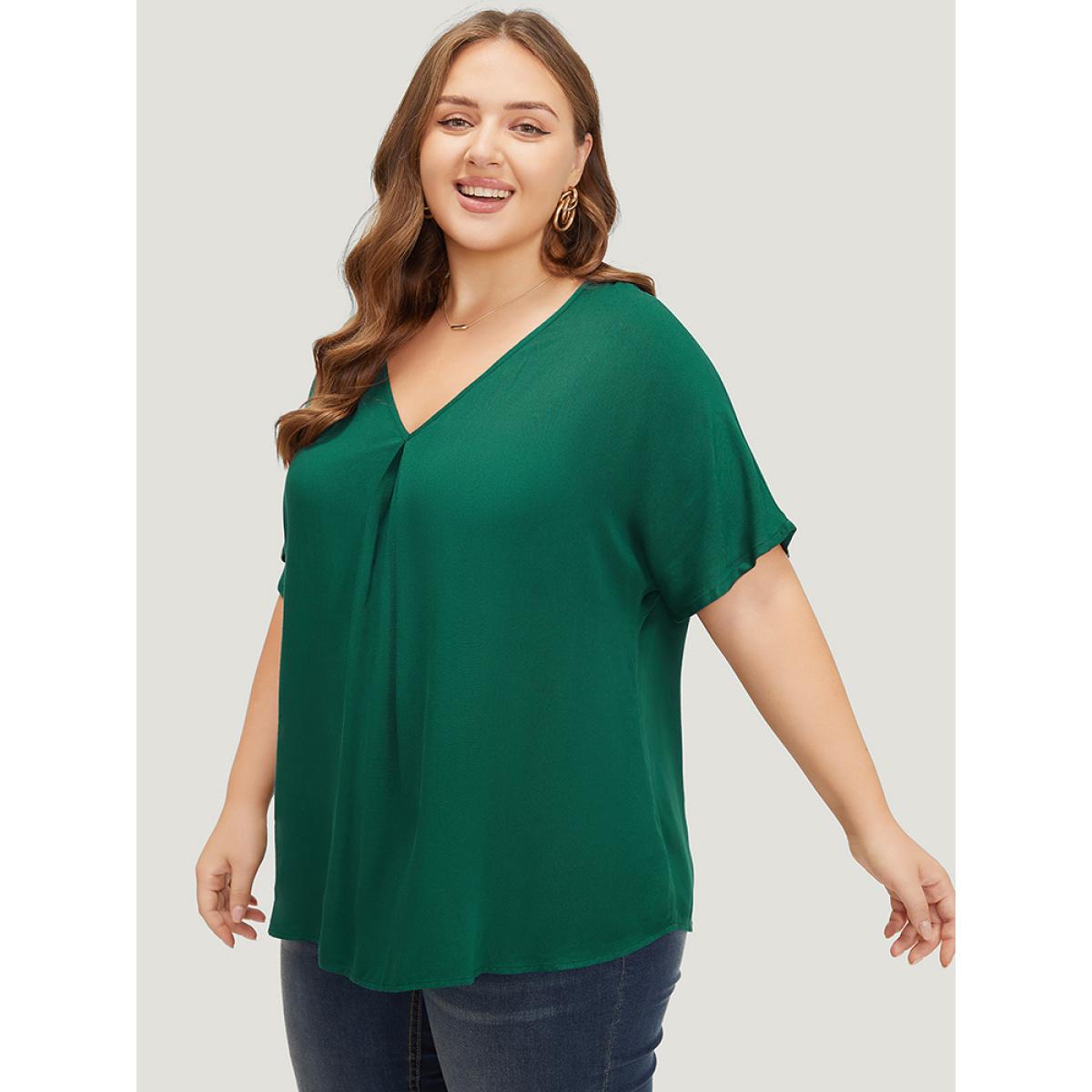 Plus Size ArmyGreen Plain Plicated Detail Batwing Sleeve Curved Hem Blouse Women Office Short sleeve V-neck Office Blouses BloomChic 10/M Product Image
