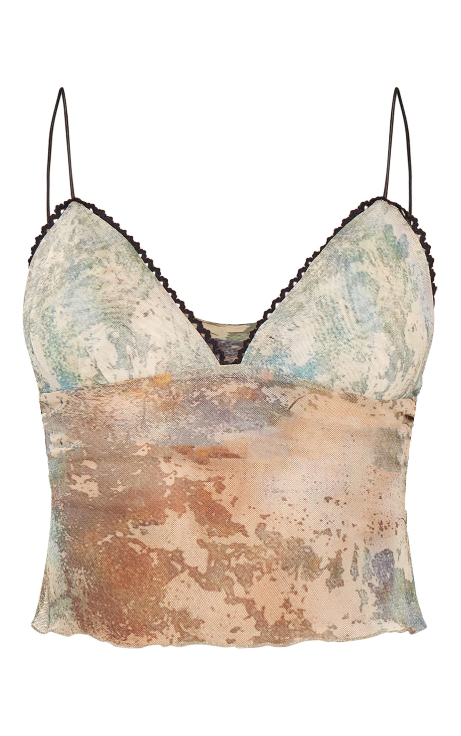 Blue Printed Mesh Strappy Lettuce Hem Cami Top Product Image