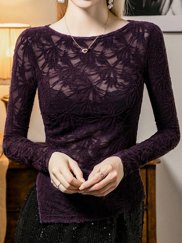 Long Sleeves Plus Size Hollow See-Through Solid Color Split-Side Round-Neck T-Shirts Tops Product Image