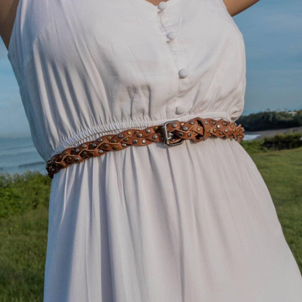 Amara | Silver Buckle Studded Braided Leather Belt Women: Taupe Product Image