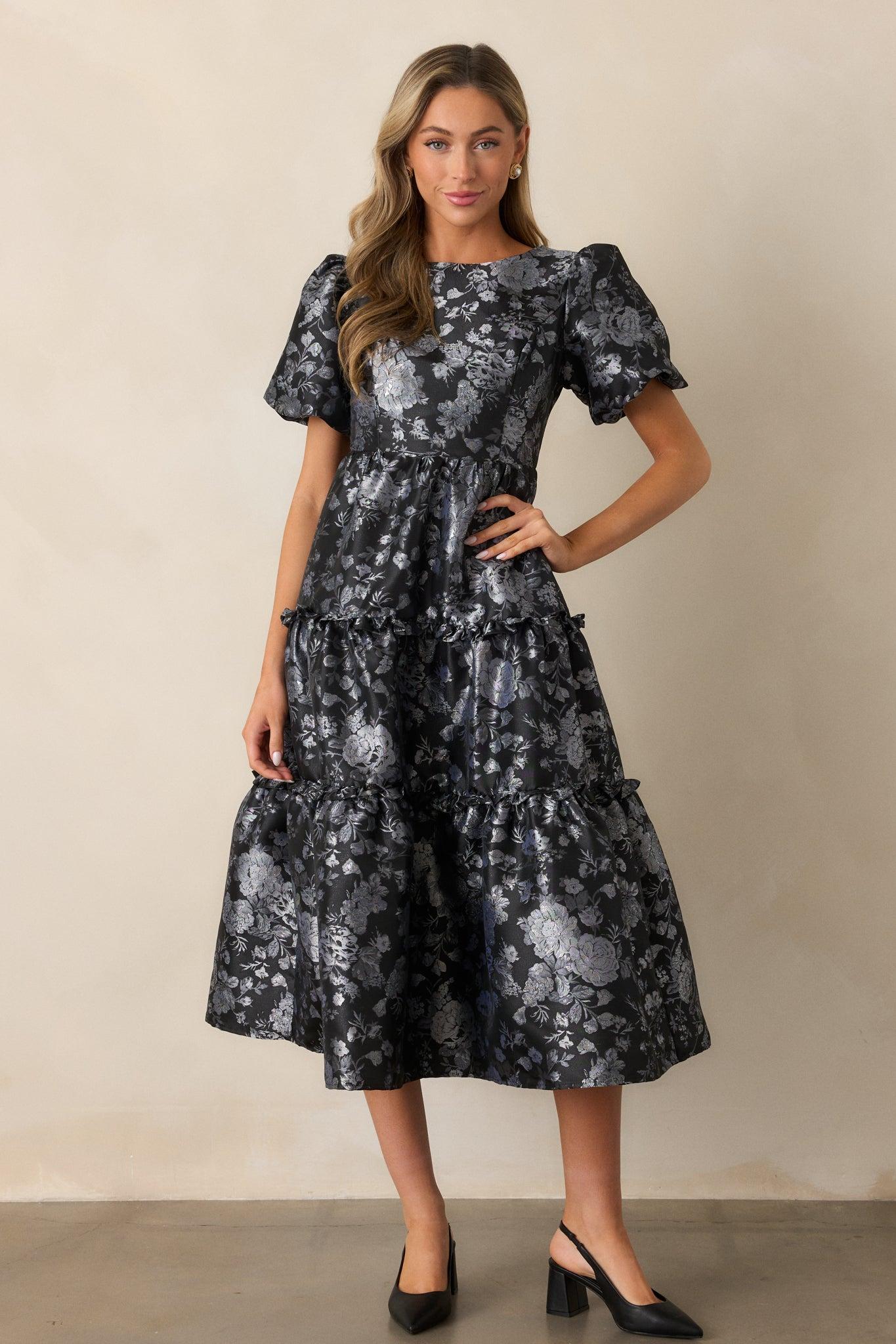 Follow My Lead Black Floral Jacquard Midi Dress Product Image