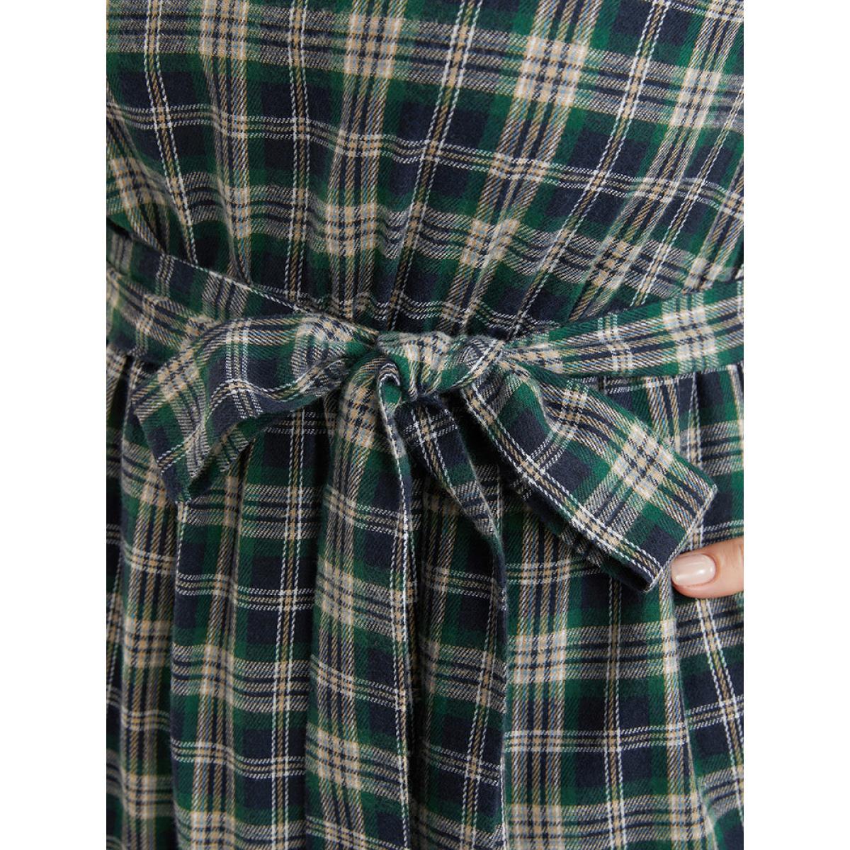 Plus Size Tartan Pocket Belted Lantern Sleeve Ruffle Tiered Dress Emerald Women Casual V-neck Long Sleeve Curvy Midi Dress BloomChic 28/5X Product Image