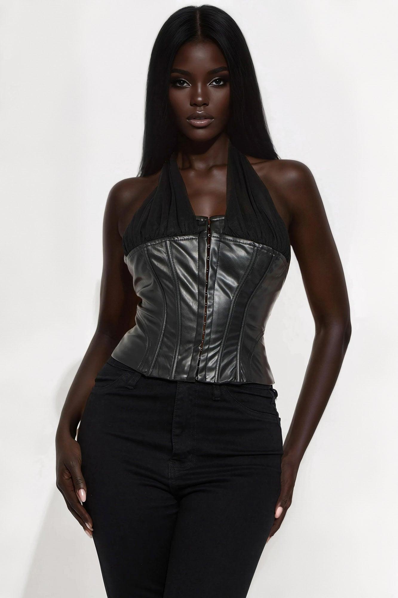 Midnight Whispers Faux Leather Corset Top - Black Product Image