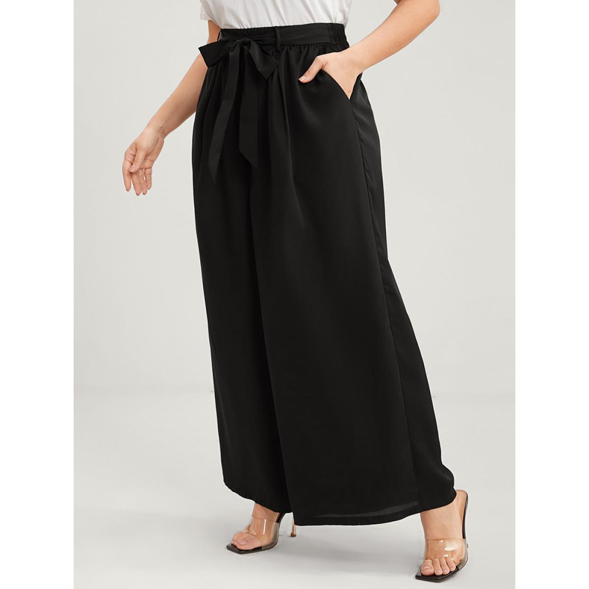 Plus Size Solid Elastic Waist Knotted Front Pocket Wide Leg Pants Women Black Casual Wide Leg High Rise Dailywear Pants BloomChic 10/M Product Image