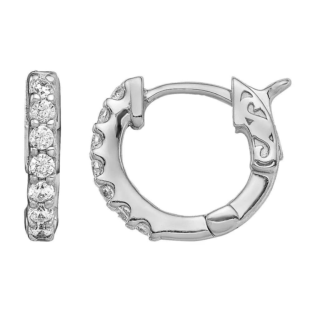 Sterling Shimmer Silver Plated Cubic Zirconia Small Hinged Hoop Earrings, Women's Product Image
