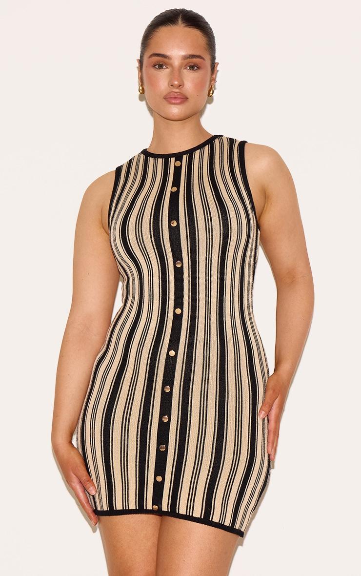 Shape Black Knitted Striped Button Front Mini Dress Product Image