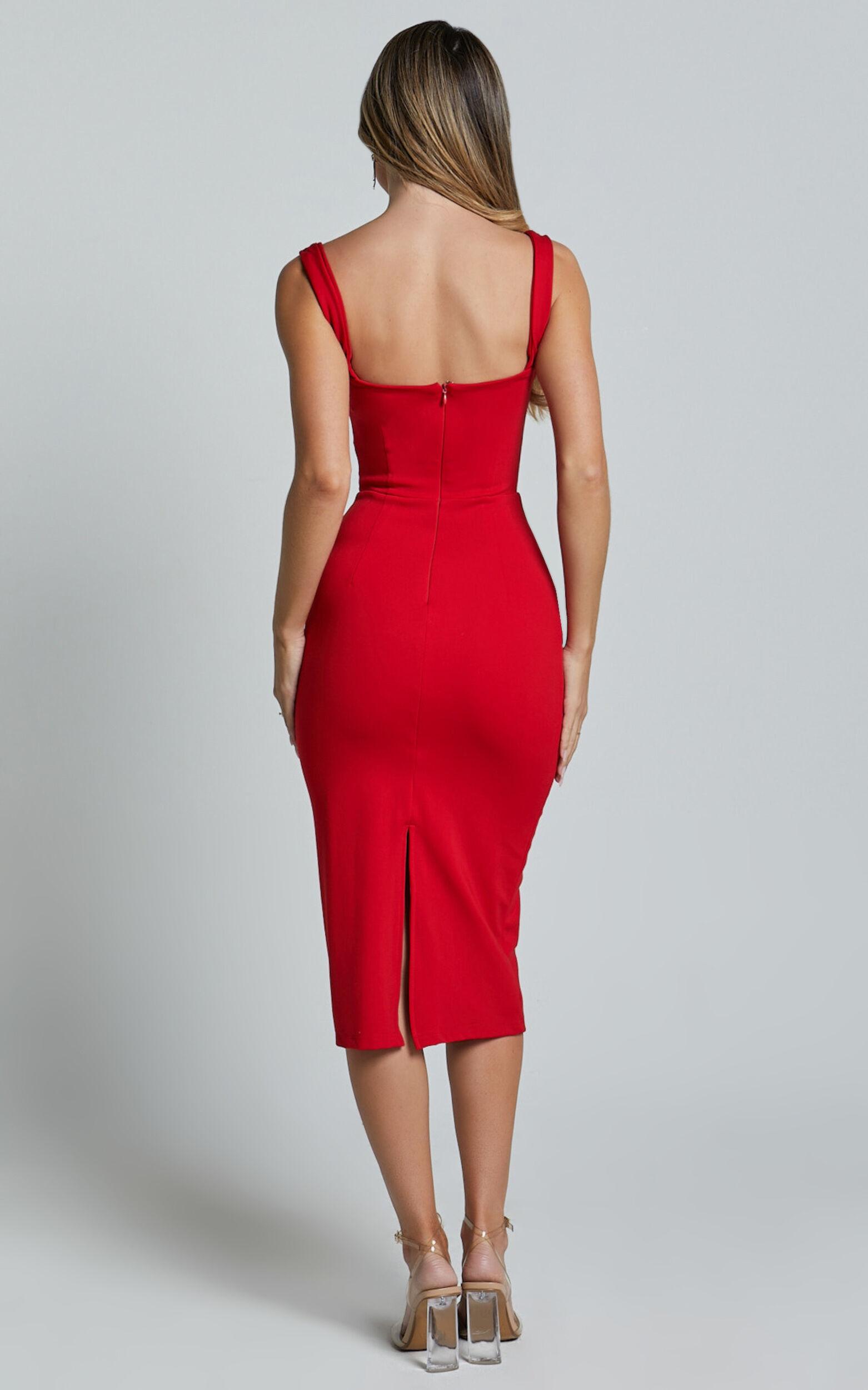 Tiffy Midi Dress - Square Neck Ruched Bodycon Dress in Scarlet Product Image