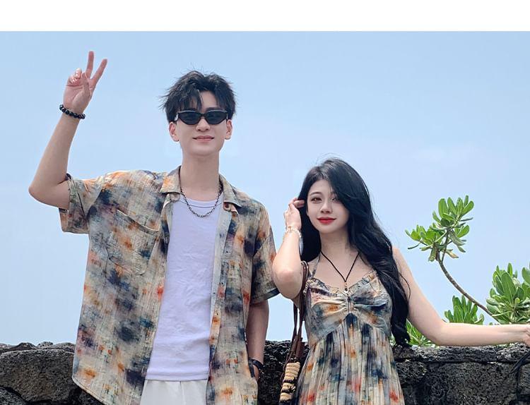 Couple Matching Short-Sleeve Collared Tie-Dye Button Up Shirt / Spaghetti Strap V-Neck Tie-Dye Maxi A-Line Dress / Plain Shorts Product Image
