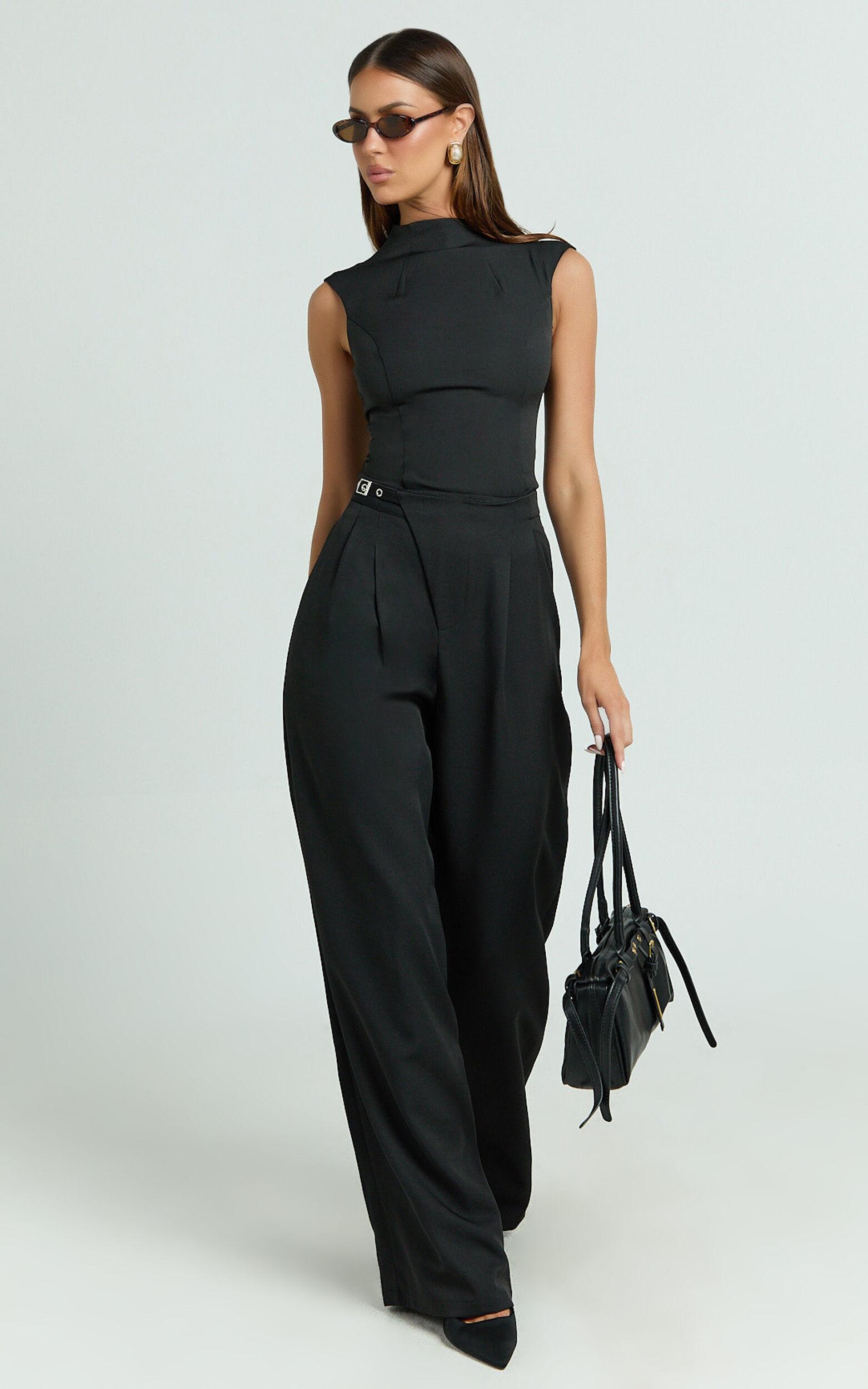 Luciana Pants - High Waist Crossover Belted Straight Leg Tailored Pants in Black Product Image