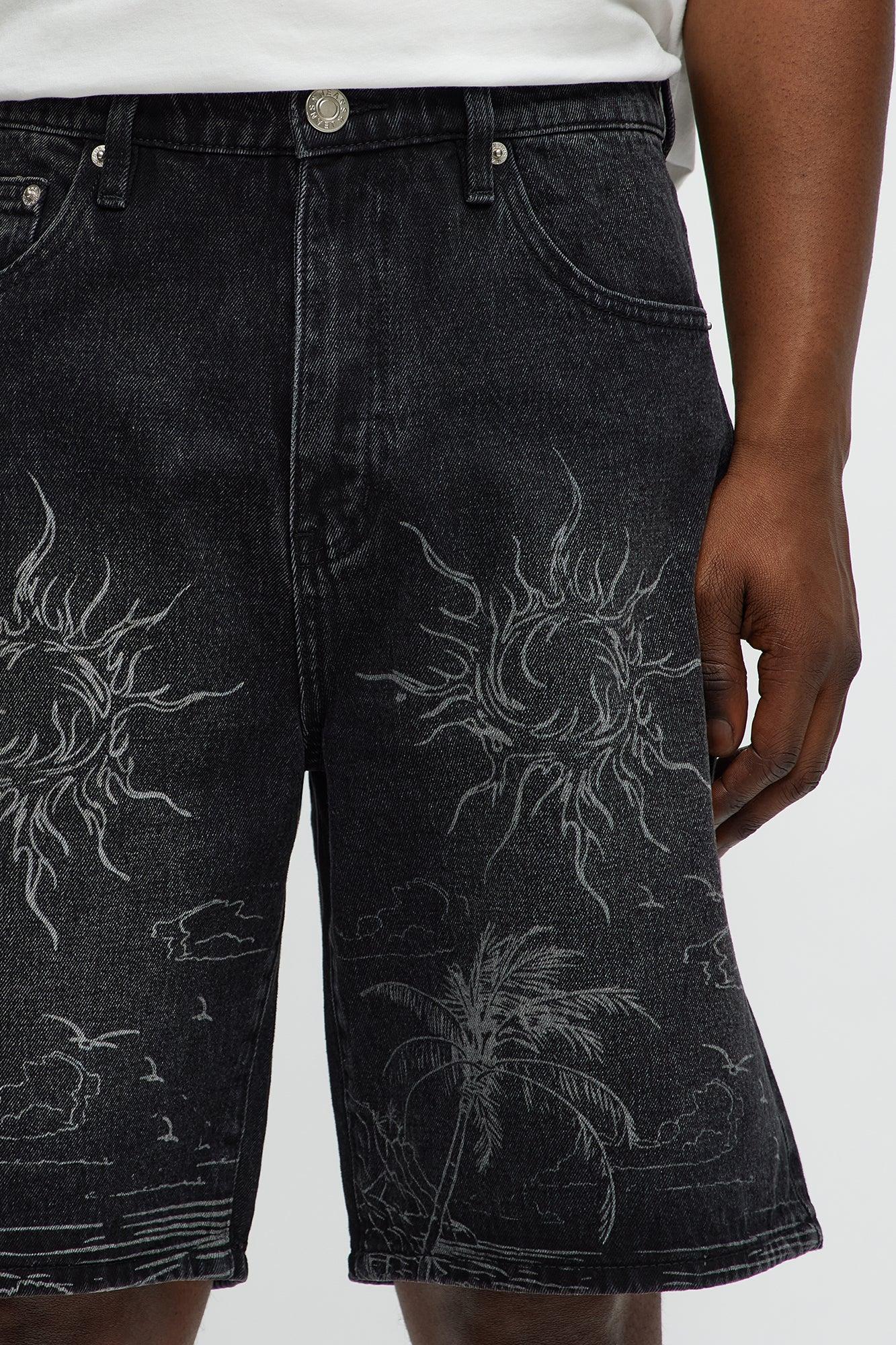 Relaxed You Know The Vibes Be Chill Denim Shorts - Black Wash Male Product Image