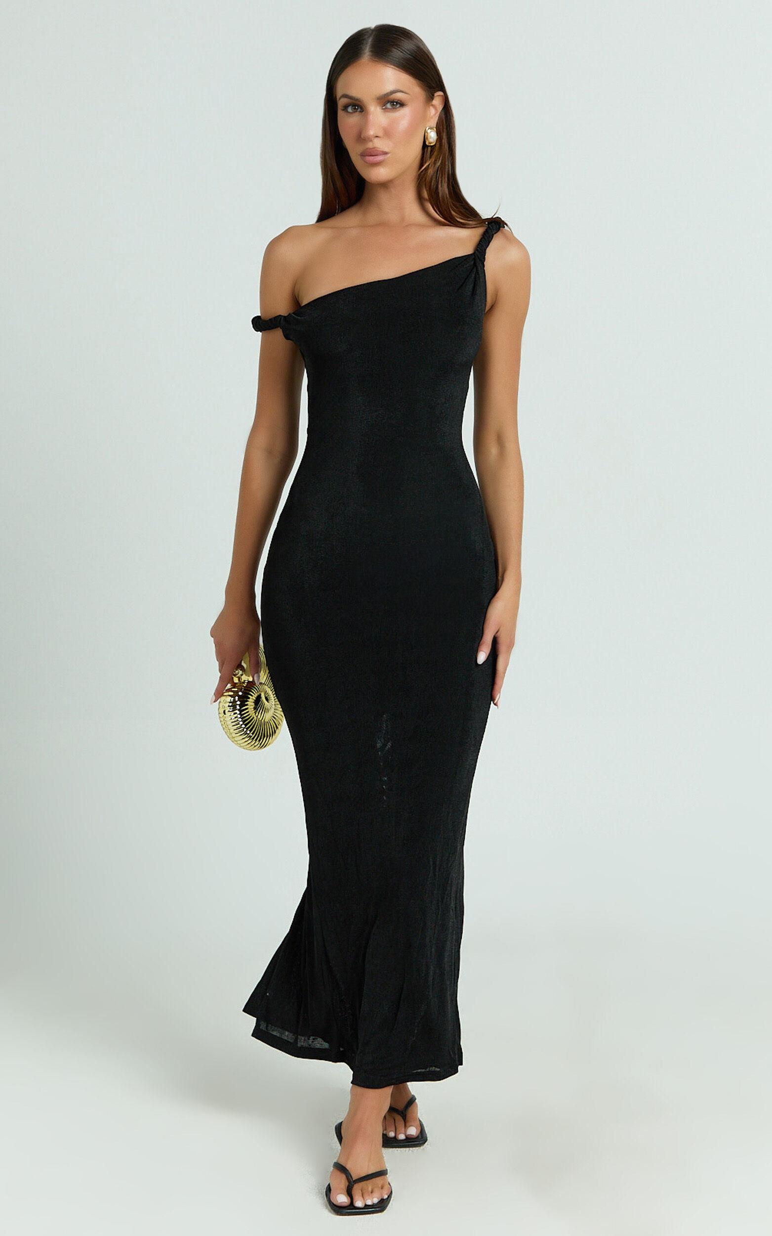 Isabel Midi Dress - Twist Off Shoulder Bodycon Dress in Black Product Image