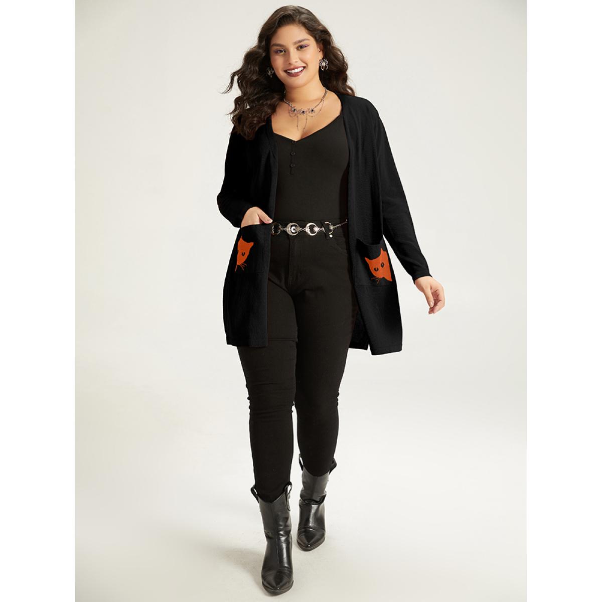 Plus Size Halloween Cat Print Split Side Patched Pocket Cardigan Black Women Casual Loose Long Sleeve Festival-Halloween Cardigans BloomChic 14-16/1X Product Image