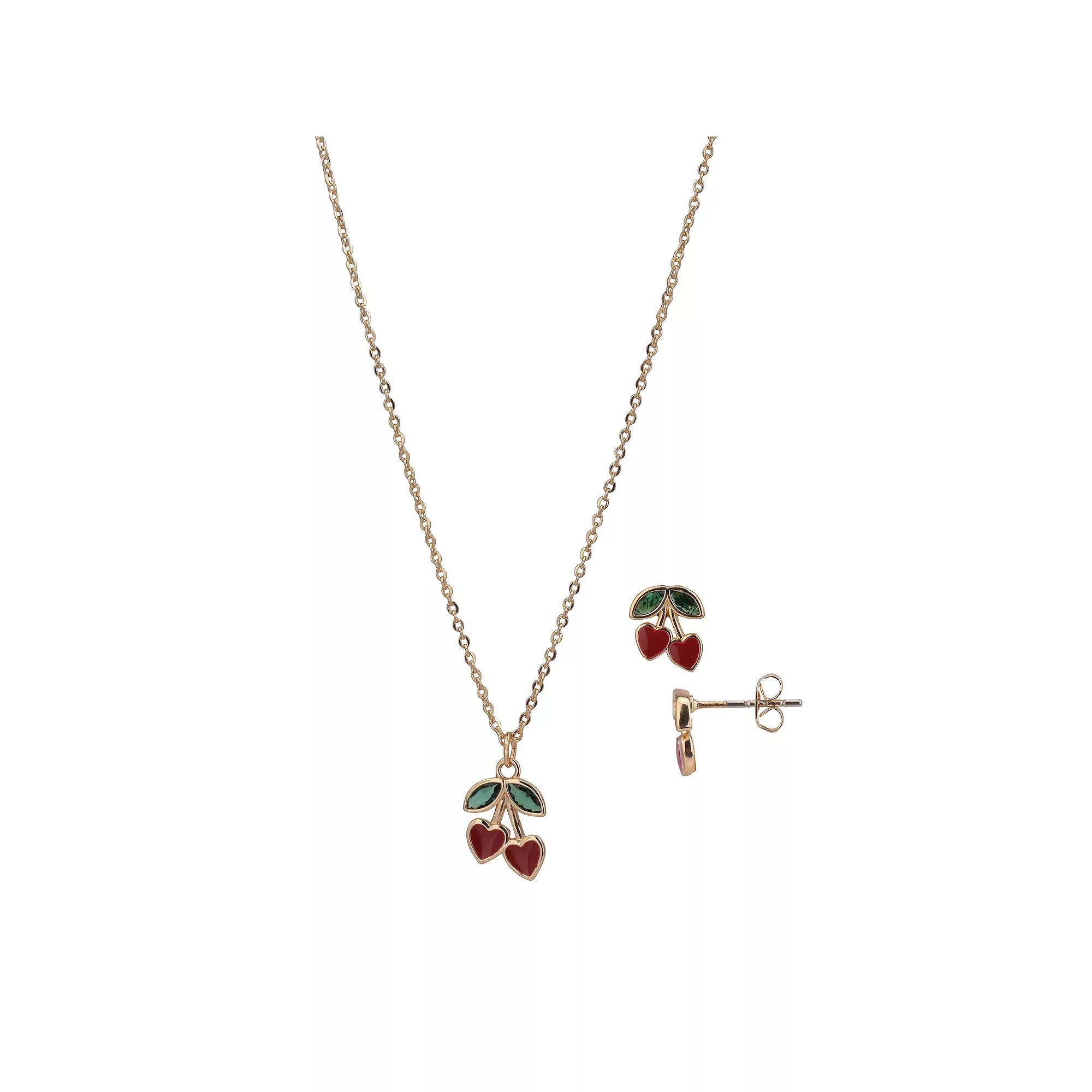 FAO Schwarz Gold Tone Crystal Cherry Pendant Necklace & Stud Earrings Set, Women's, Red Product Image