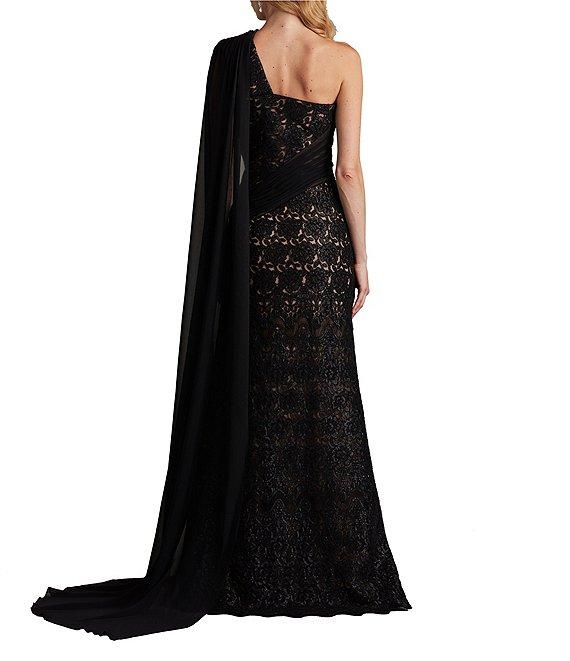 Tadashi Shoji Pleated Draped One Shoulder Lace Sheath Gown Product Image
