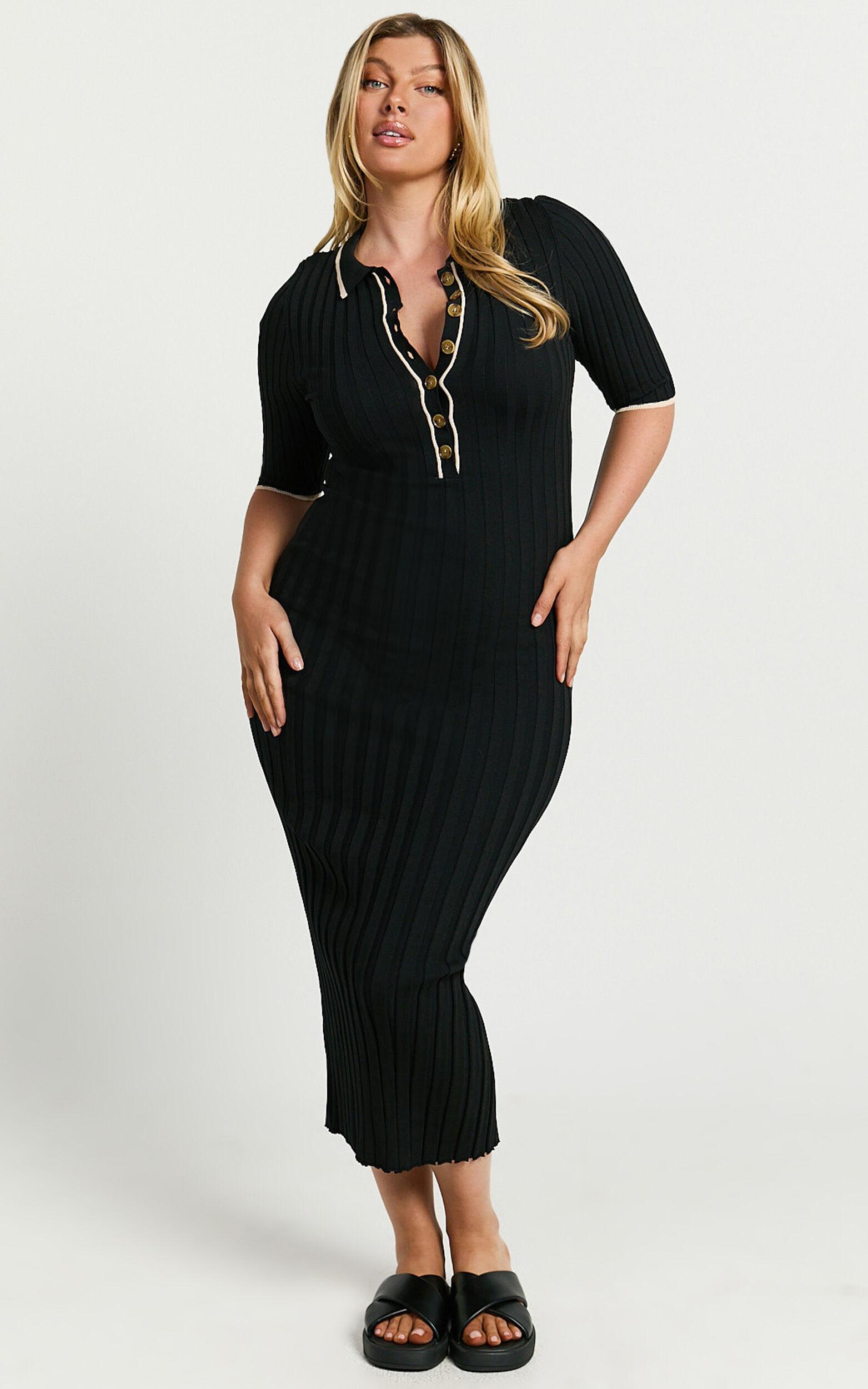 Lada Midi Dress - Short Sleeve Button Front Knit Dress in Black Product Image