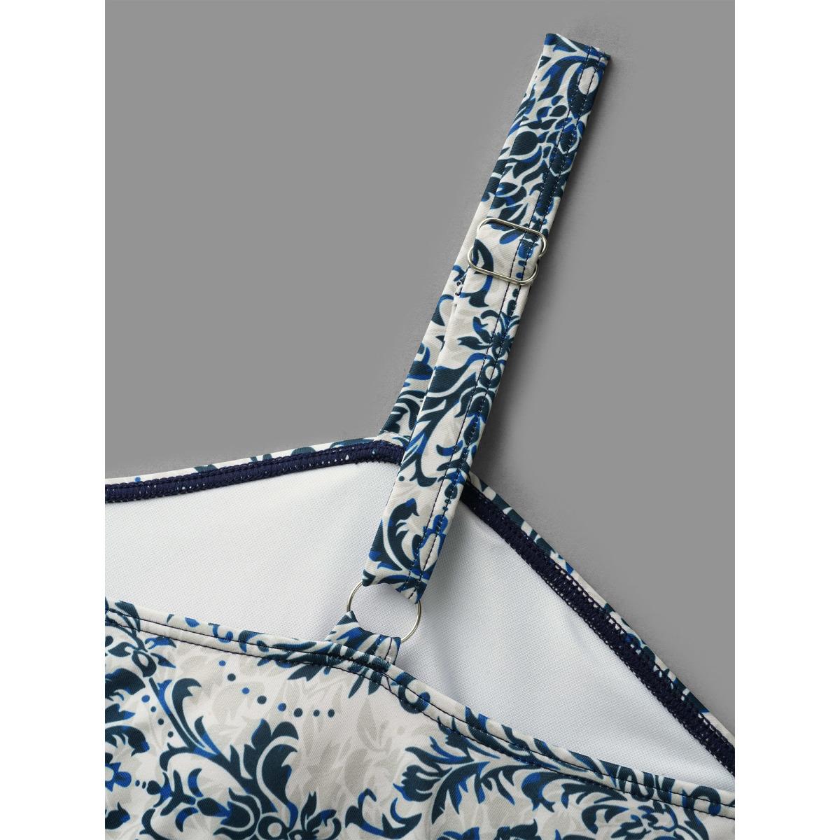 Plus Size Boho Print Heart Neckline Gathered Swim Dress Women's Swimwear DarkBlue Beach Bodycon Heart neckline High stretch Curve Swim Dresses BloomChic 28/5X Product Image